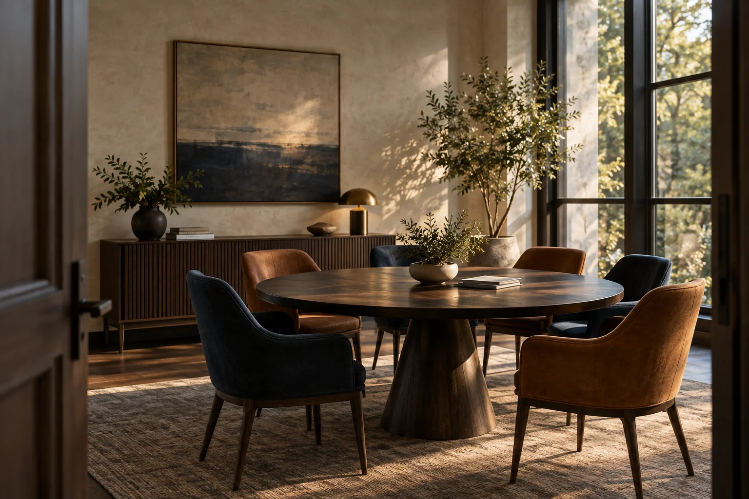 A quiet, sunlit meeting room with chairs around a round walnut table